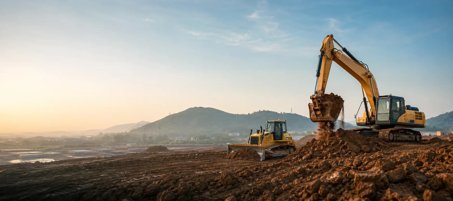 Máy xúc và máy ủi thi công san lấp trên công trường